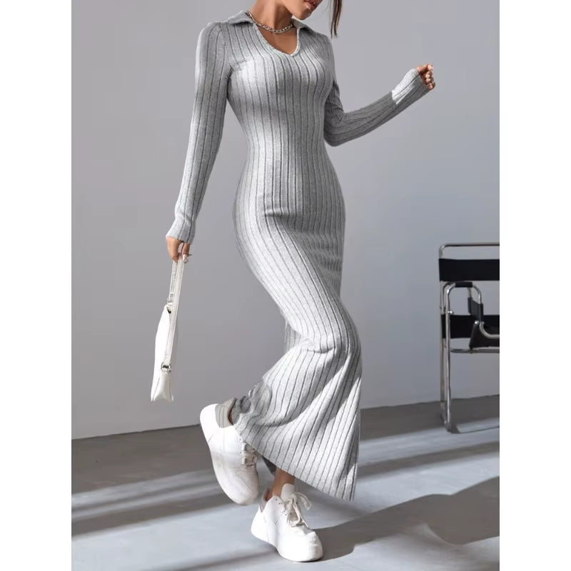 Robe sexy en tricot à col en V et fente pour femme, nouvelle collection automne/hiver 2024, manches longues, élastique, basique