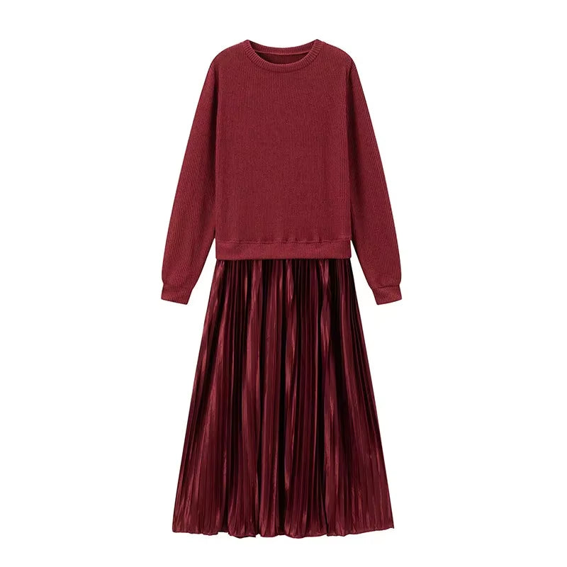 Elevate Your Wardrobe with Our Pure Color Knitted Long Sleeve Pleated Splice Dress - Perfect for Spring and Autumn Chic!