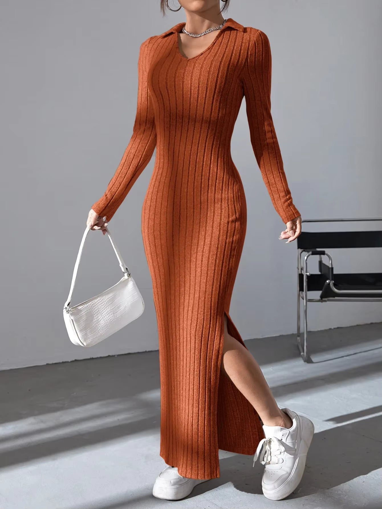 Robe sexy en tricot à col en V et fente pour femme, nouvelle collection automne/hiver 2024, manches longues, élastique, basique