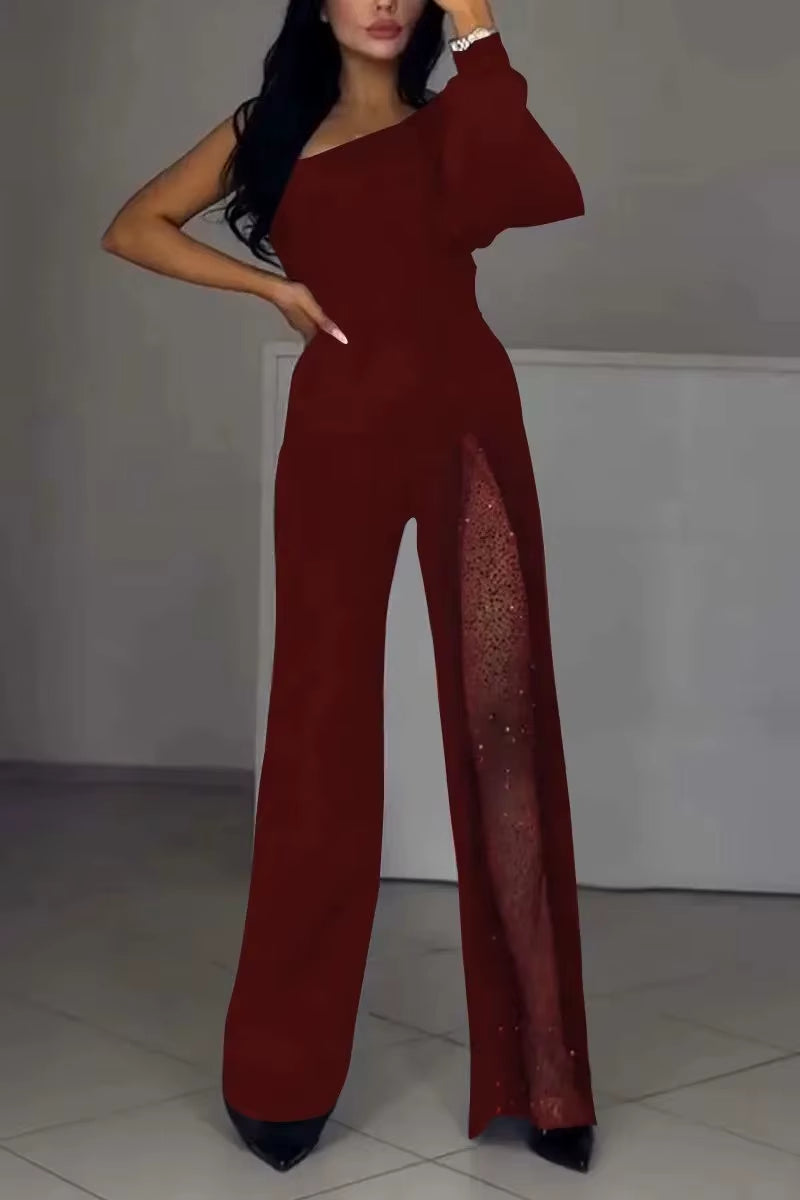 Women’s Strapless Lace Splicing Jumpsuit - Casual Solid Color Romper with Sloping Shoulders for Spring Fashion