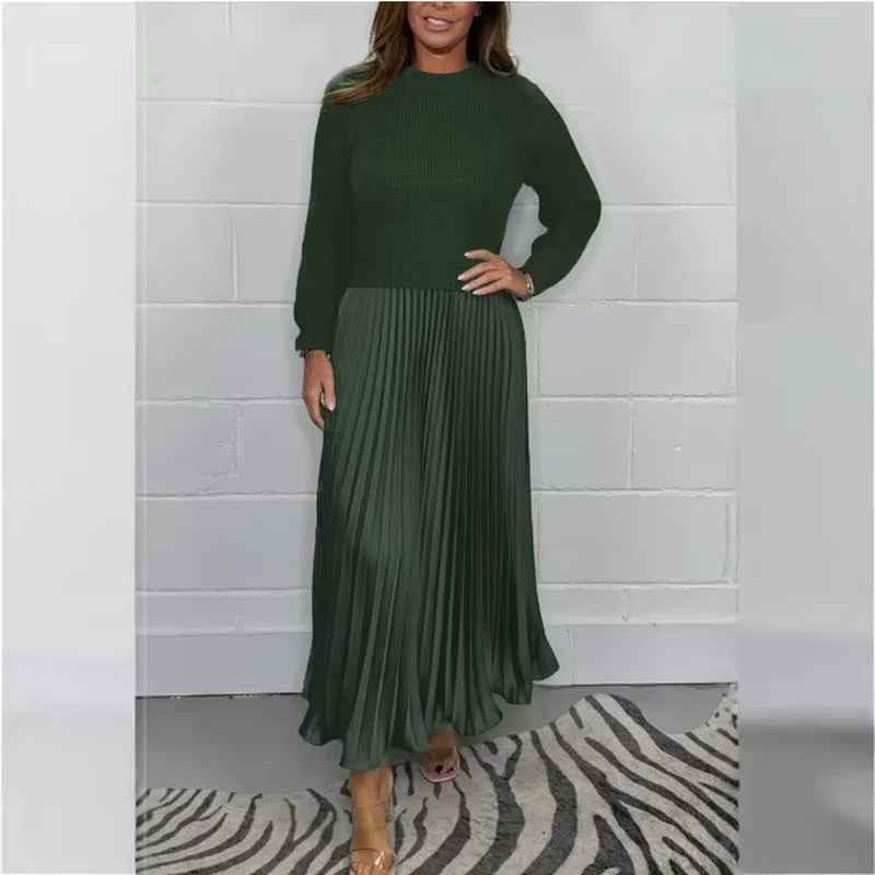Elevate Your Wardrobe with Our Pure Color Knitted Long Sleeve Pleated Splice Dress - Perfect for Spring and Autumn Chic!