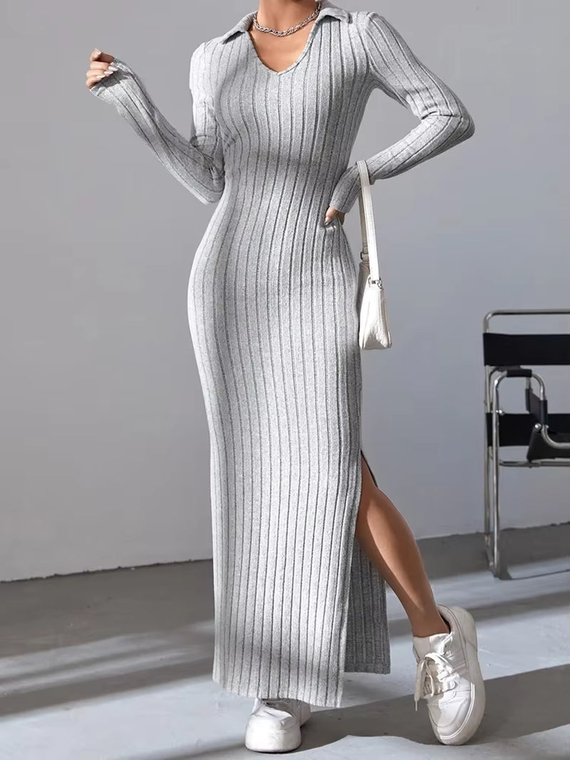 Robe sexy en tricot à col en V et fente pour femme, nouvelle collection automne/hiver 2024, manches longues, élastique, basique