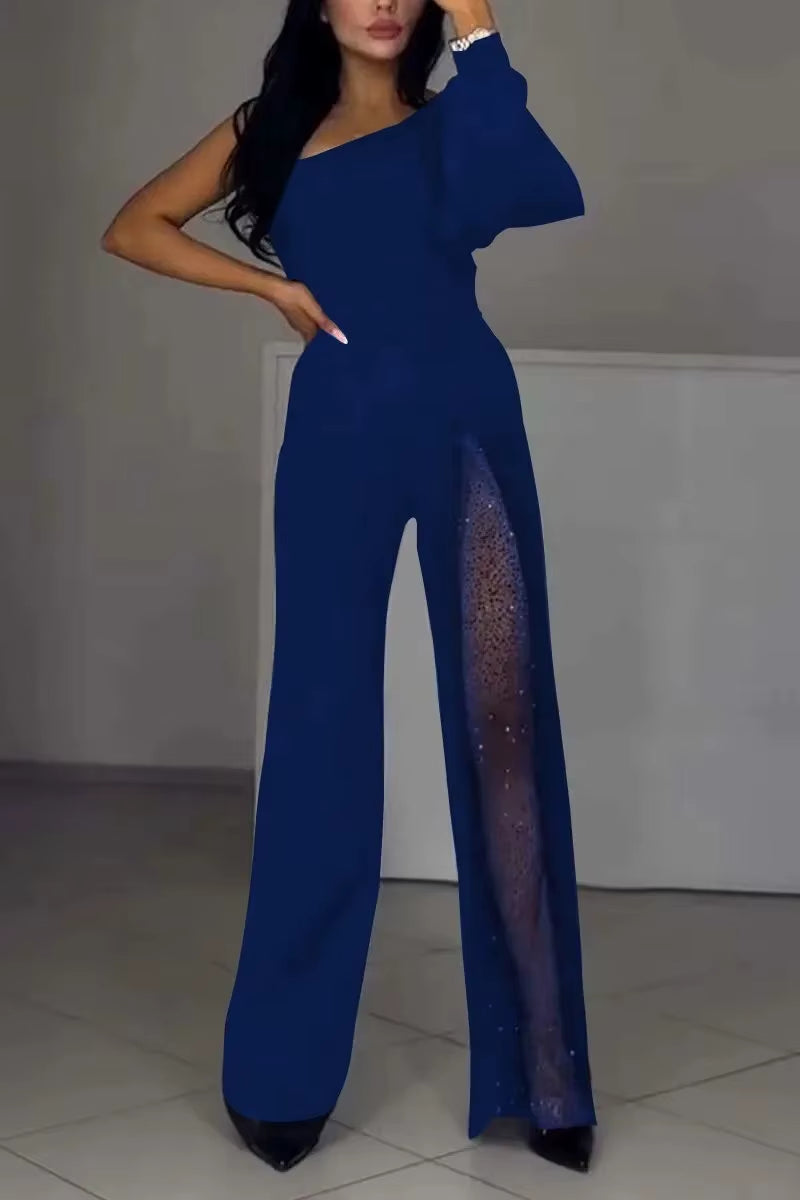 Women’s Strapless Lace Splicing Jumpsuit - Casual Solid Color Romper with Sloping Shoulders for Spring Fashion