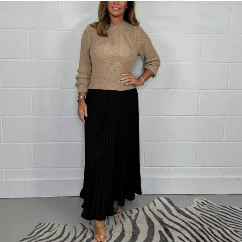 Elevate Your Wardrobe with Our Pure Color Knitted Long Sleeve Pleated Splice Dress - Perfect for Spring and Autumn Chic!