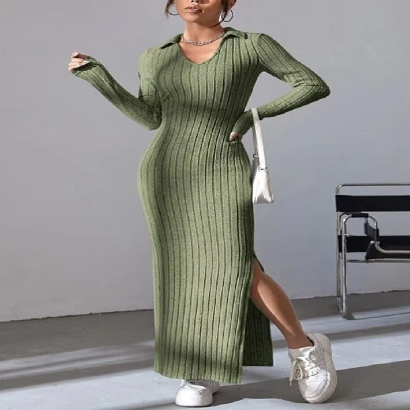 Robe sexy en tricot à col en V et fente pour femme, nouvelle collection automne/hiver 2024, manches longues, élastique, basique