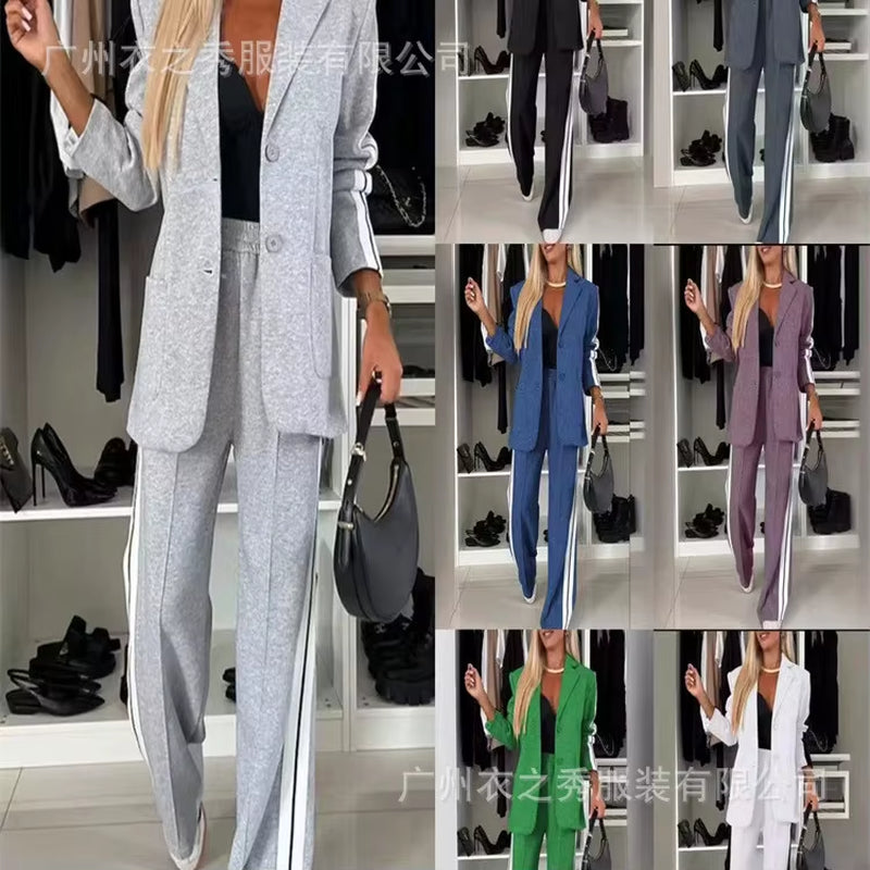 Discover Elegance with the 2024 Autumn Women's Spliced Long Sleeve Lapel Casual Suit 2-Piece Set from Mainland China