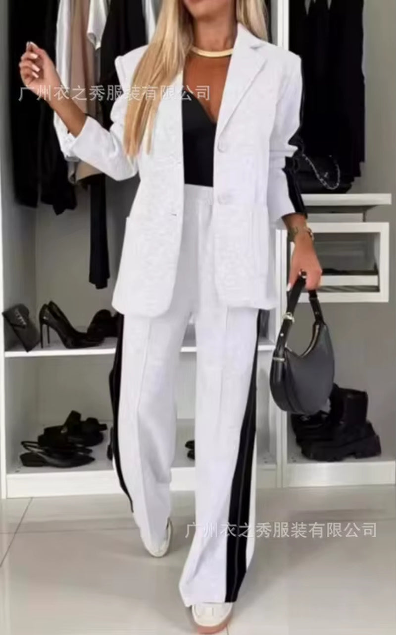 Discover Elegance with the 2024 Autumn Women's Spliced Long Sleeve Lapel Casual Suit 2-Piece Set from Mainland China