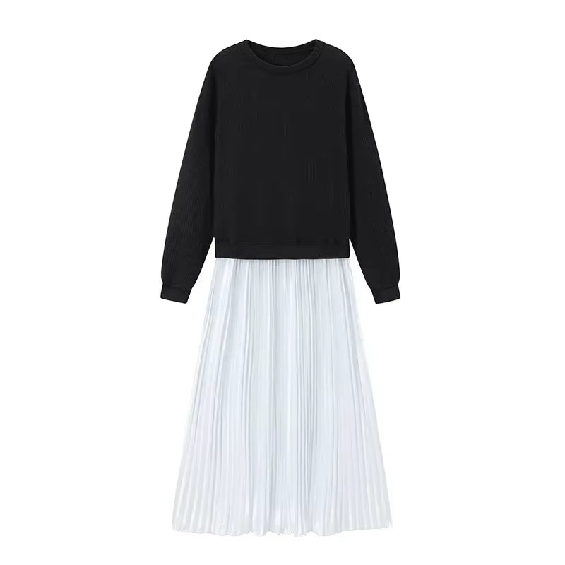 Elevate Your Wardrobe with Our Pure Color Knitted Long Sleeve Pleated Splice Dress - Perfect for Spring and Autumn Chic!