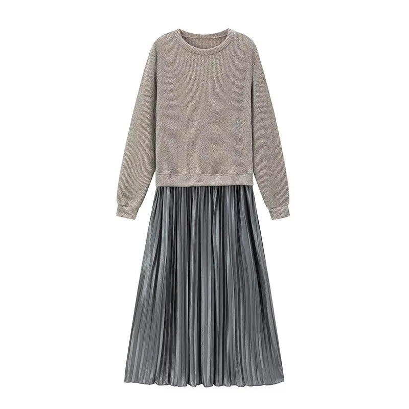 Elevate Your Wardrobe with Our Pure Color Knitted Long Sleeve Pleated Splice Dress - Perfect for Spring and Autumn Chic!