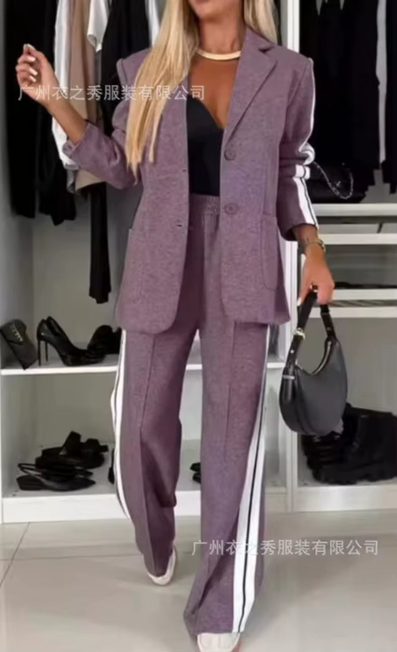 Discover Elegance with the 2024 Autumn Women's Spliced Long Sleeve Lapel Casual Suit 2-Piece Set from Mainland China