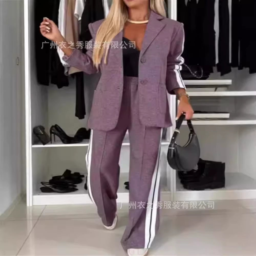 Discover Elegance with the 2024 Autumn Women's Spliced Long Sleeve Lapel Casual Suit 2-Piece Set from Mainland China