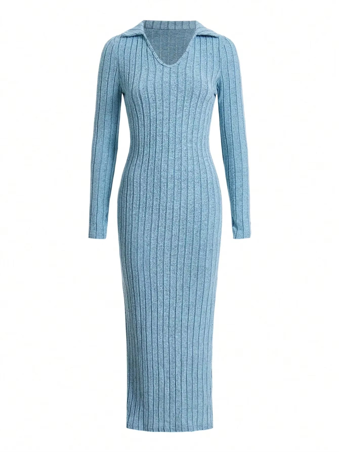 Robe sexy en tricot à col en V et fente pour femme, nouvelle collection automne/hiver 2024, manches longues, élastique, basique