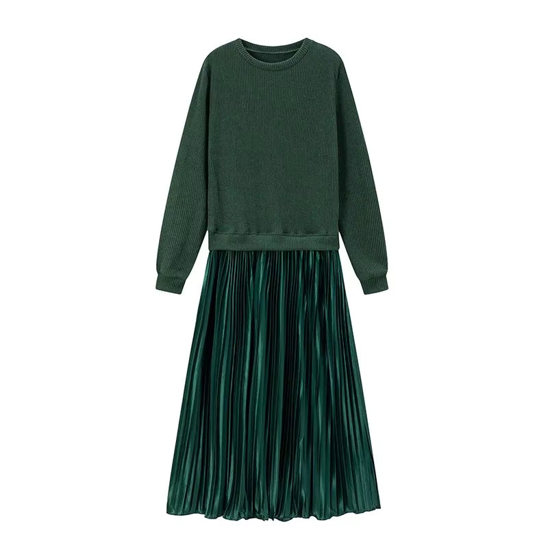 Elevate Your Wardrobe with Our Pure Color Knitted Long Sleeve Pleated Splice Dress - Perfect for Spring and Autumn Chic!