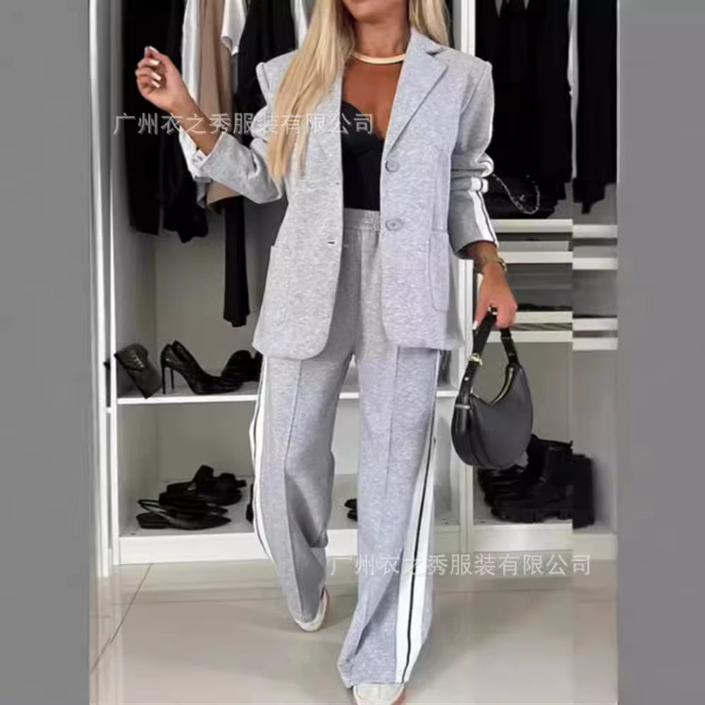 Discover Elegance with the 2024 Autumn Women's Spliced Long Sleeve Lapel Casual Suit 2-Piece Set from Mainland China