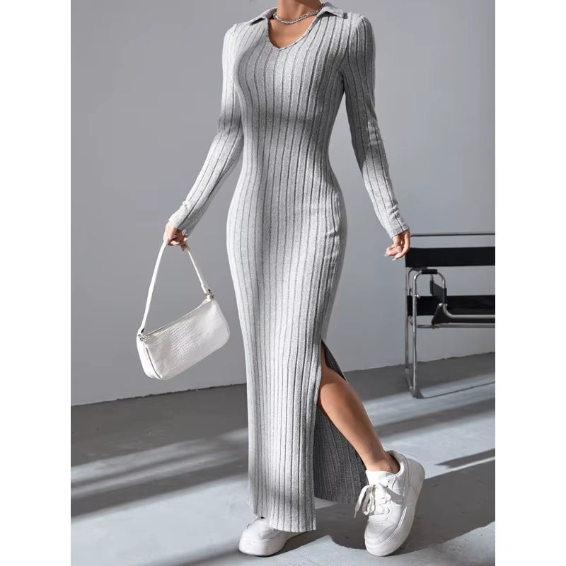 Robe sexy en tricot à col en V et fente pour femme, nouvelle collection automne/hiver 2024, manches longues, élastique, basique