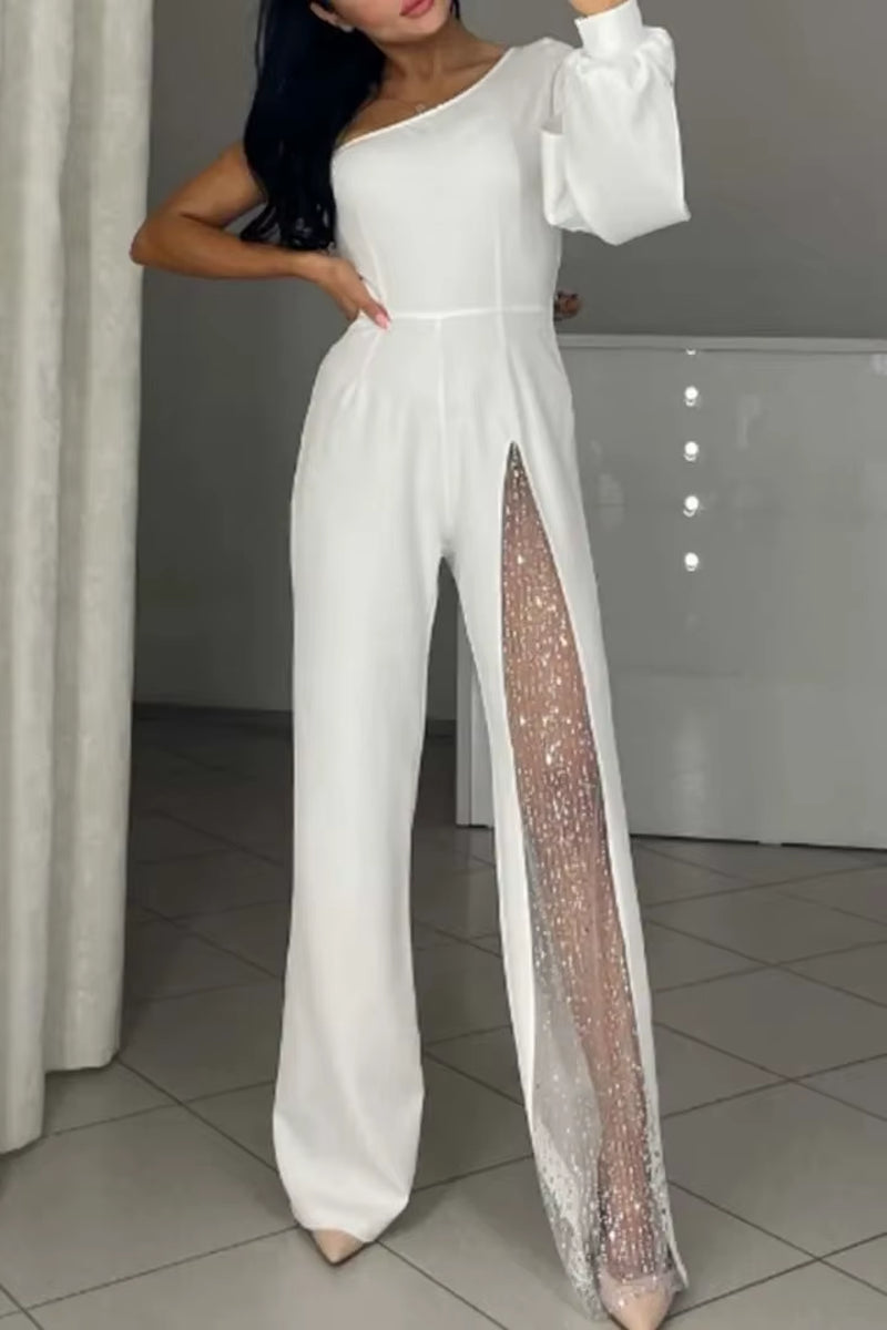 Women’s Strapless Lace Splicing Jumpsuit - Casual Solid Color Romper with Sloping Shoulders for Spring Fashion