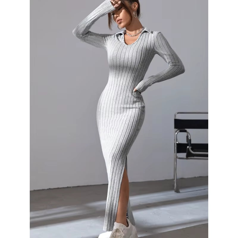 Robe sexy en tricot à col en V et fente pour femme, nouvelle collection automne/hiver 2024, manches longues, élastique, basique
