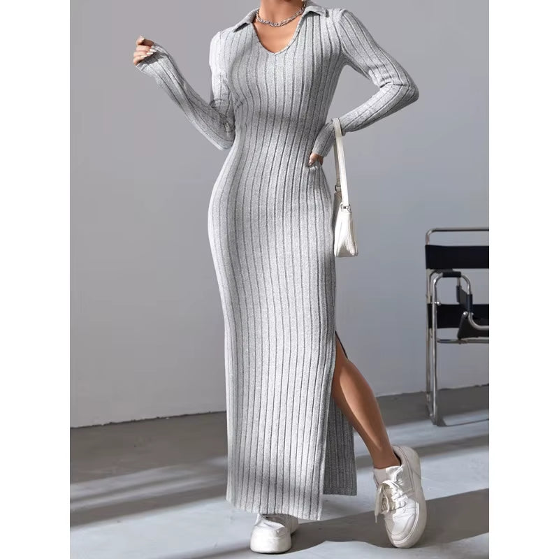 Robe sexy en tricot à col en V et fente pour femme, nouvelle collection automne/hiver 2024, manches longues, élastique, basique