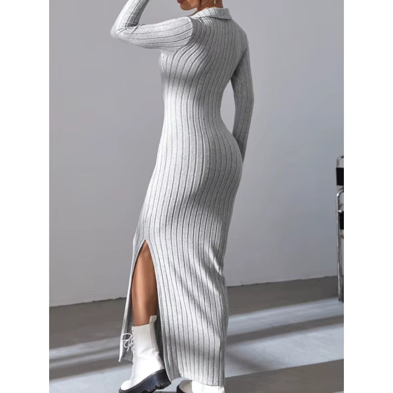 Robe sexy en tricot à col en V et fente pour femme, nouvelle collection automne/hiver 2024, manches longues, élastique, basique