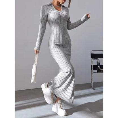 Robe sexy en tricot à col en V et fente pour femme, nouvelle collection automne/hiver 2024, manches longues, élastique, basique