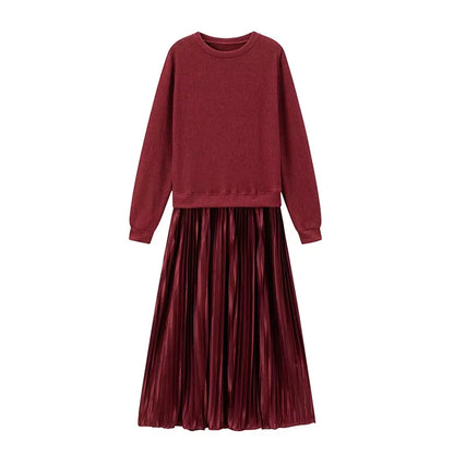 Elevate Your Wardrobe with Our Pure Color Knitted Long Sleeve Pleated Splice Dress - Perfect for Spring and Autumn Chic!