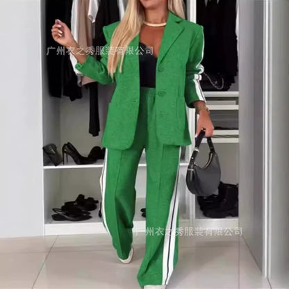 Discover Elegance with the 2024 Autumn Women's Spliced Long Sleeve Lapel Casual Suit 2-Piece Set from Mainland China