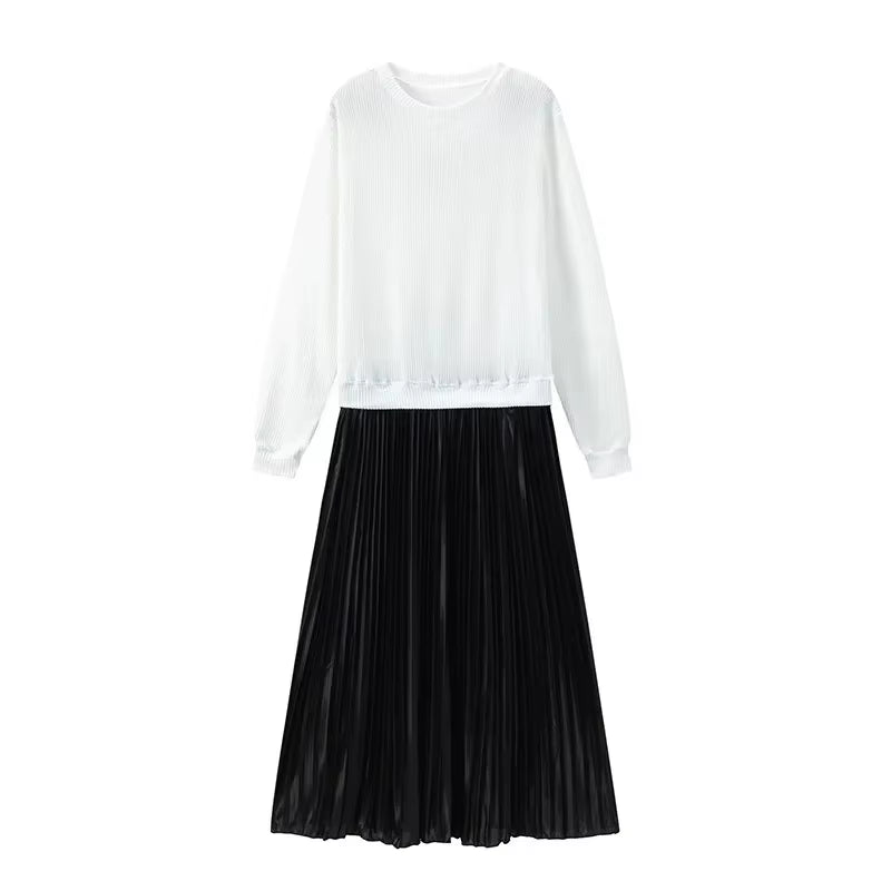Elevate Your Wardrobe with Our Pure Color Knitted Long Sleeve Pleated Splice Dress - Perfect for Spring and Autumn Chic!