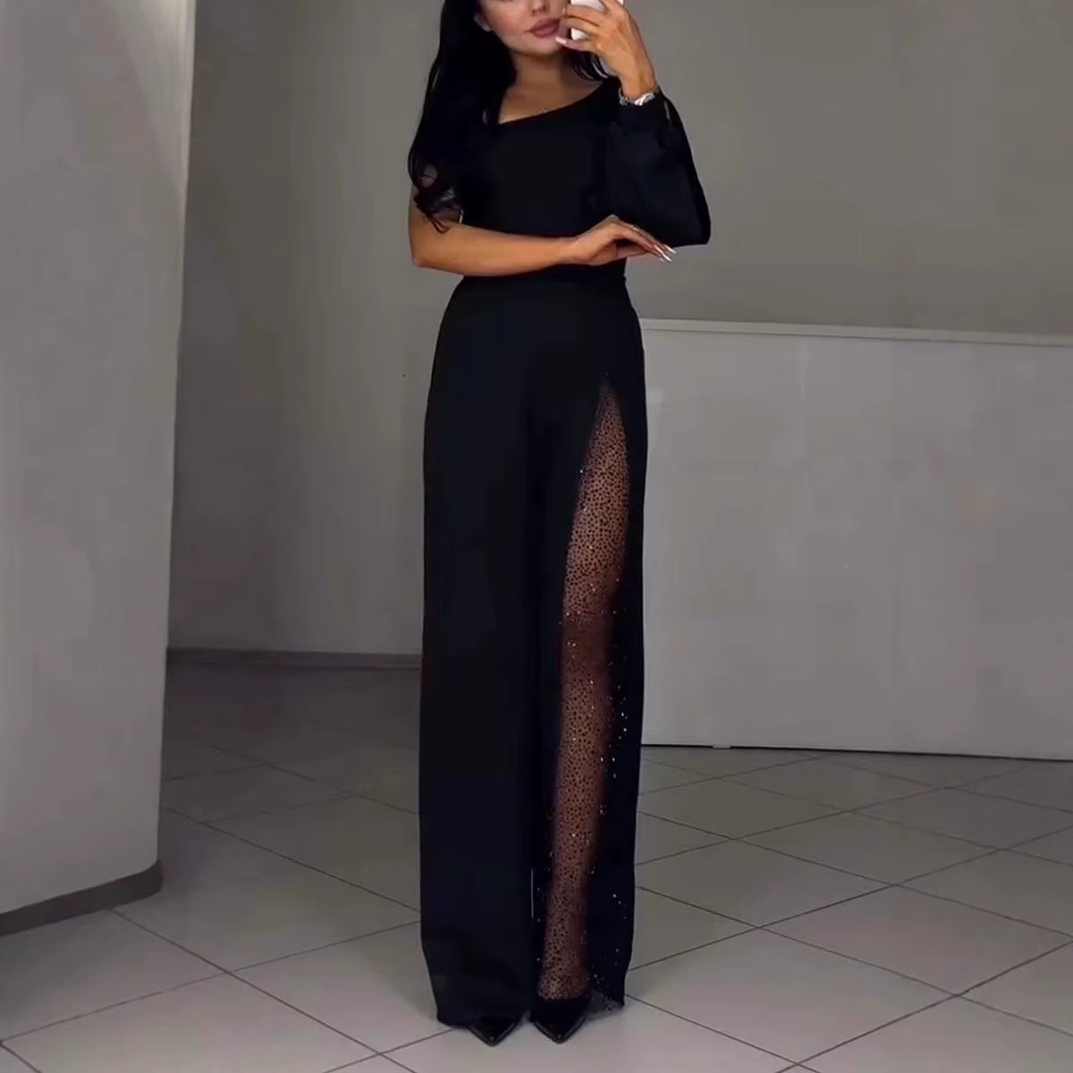 Women’s Strapless Lace Splicing Jumpsuit - Casual Solid Color Romper with Sloping Shoulders for Spring Fashion