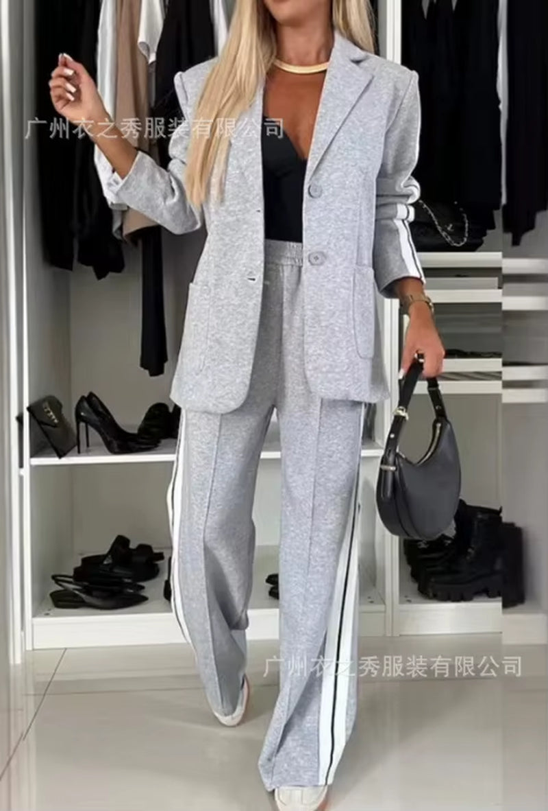 Discover Elegance with the 2024 Autumn Women's Spliced Long Sleeve Lapel Casual Suit 2-Piece Set from Mainland China