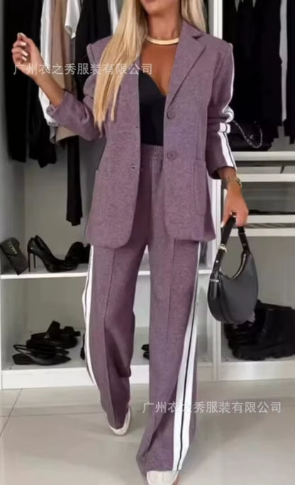 Discover Elegance with the 2024 Autumn Women's Spliced Long Sleeve Lapel Casual Suit 2-Piece Set from Mainland China