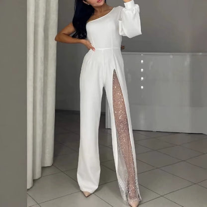 Women’s Strapless Lace Splicing Jumpsuit - Casual Solid Color Romper with Sloping Shoulders for Spring Fashion