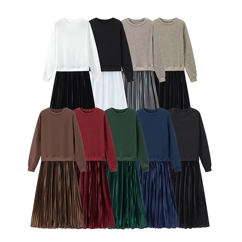 Elevate Your Wardrobe with Our Pure Color Knitted Long Sleeve Pleated Splice Dress - Perfect for Spring and Autumn Chic!