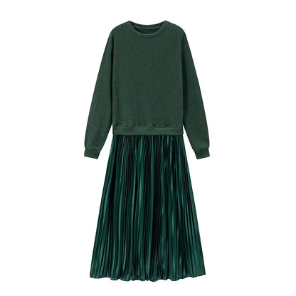 Elevate Your Wardrobe with Our Pure Color Knitted Long Sleeve Pleated Splice Dress - Perfect for Spring and Autumn Chic!