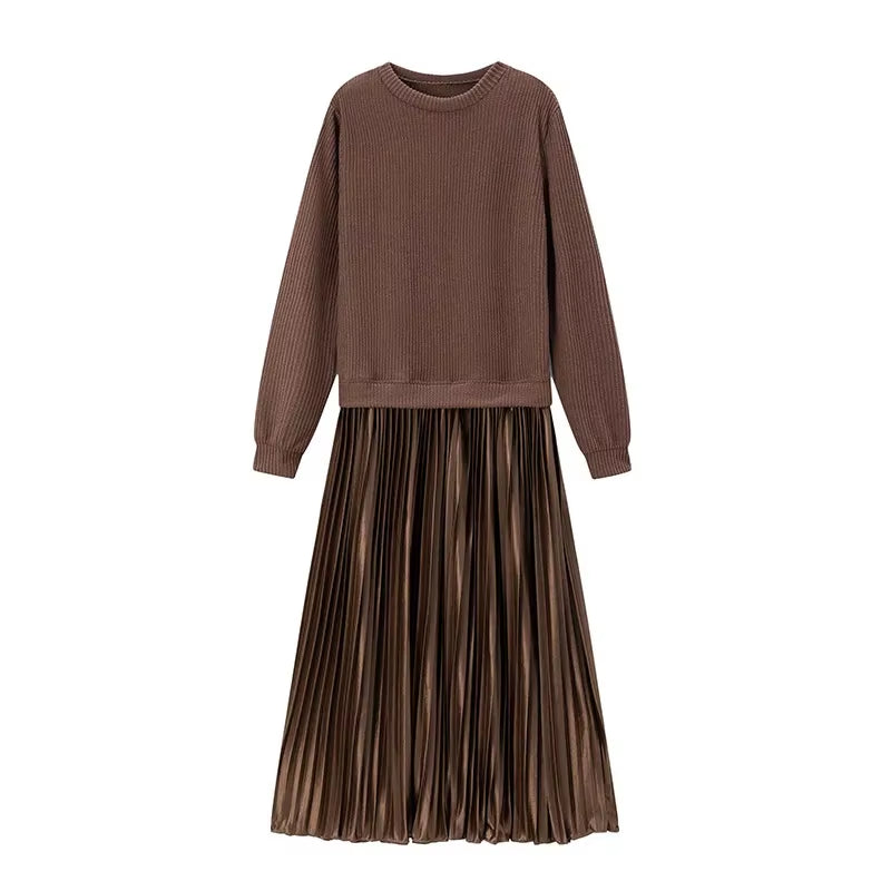 Elevate Your Wardrobe with Our Pure Color Knitted Long Sleeve Pleated Splice Dress - Perfect for Spring and Autumn Chic!