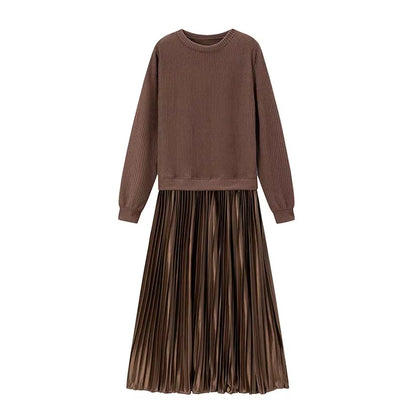 Elevate Your Wardrobe with Our Pure Color Knitted Long Sleeve Pleated Splice Dress - Perfect for Spring and Autumn Chic!